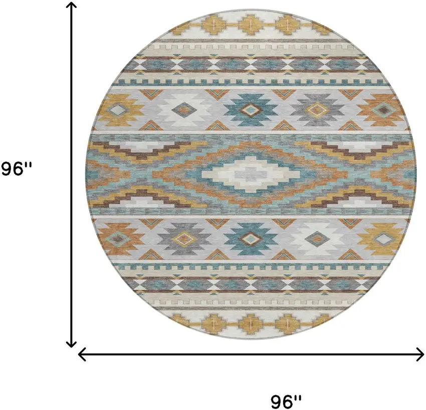 8' Ivory And Beige Round Southwestern Washable Indoor Outdoor Area Rug Photo 8