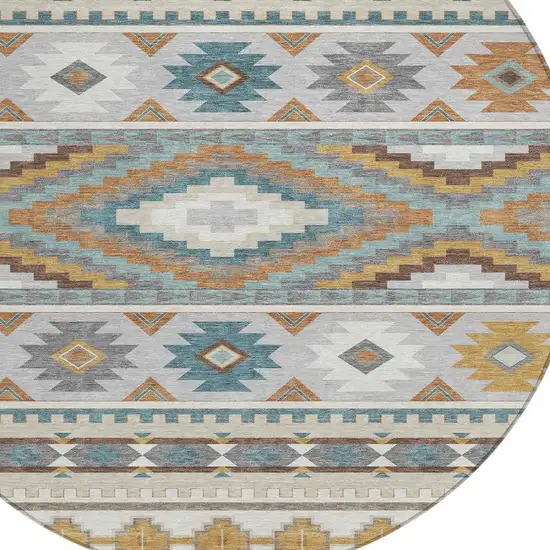 8' Ivory And Beige Round Southwestern Washable Indoor Outdoor Area Rug Photo 2