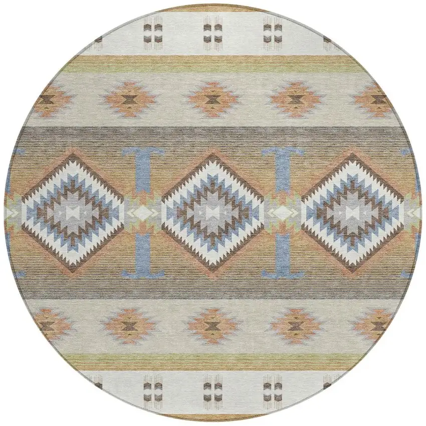 8' Ivory And Beige Round Southwestern Washable Indoor Outdoor Area Rug Photo 2