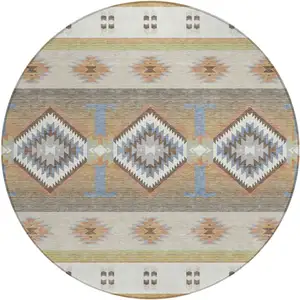 Photo of 8' Ivory And Beige Round Southwestern Washable Indoor Outdoor Area Rug