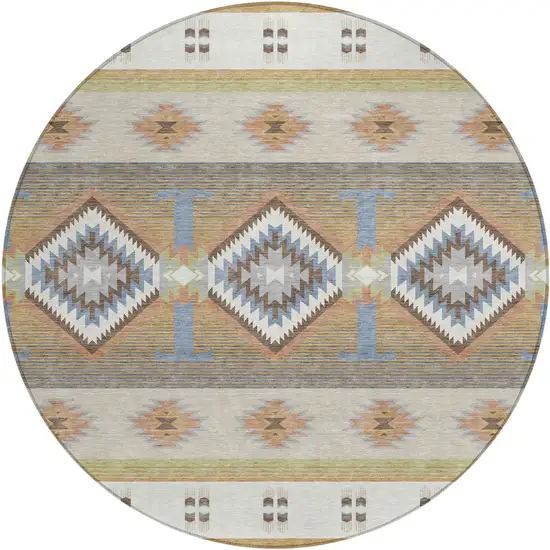 8' Ivory And Beige Round Southwestern Washable Indoor Outdoor Area Rug Photo 1