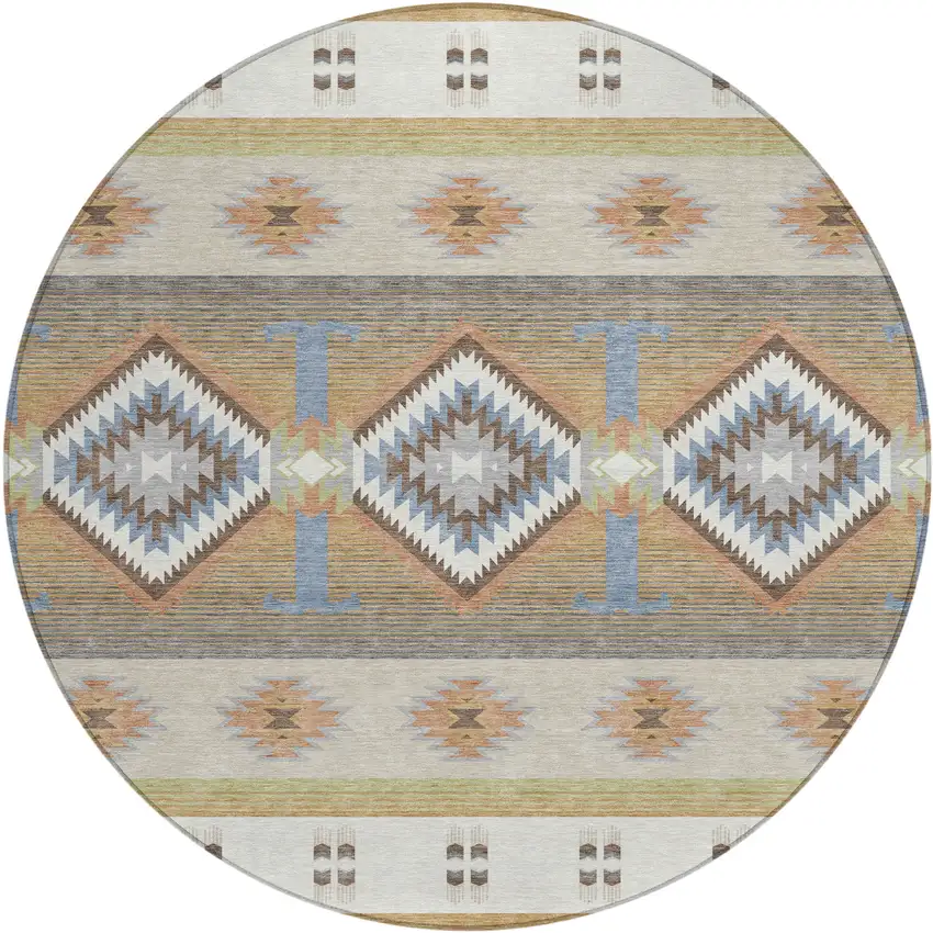 8' Ivory And Beige Round Southwestern Washable Indoor Outdoor Area Rug Photo 1