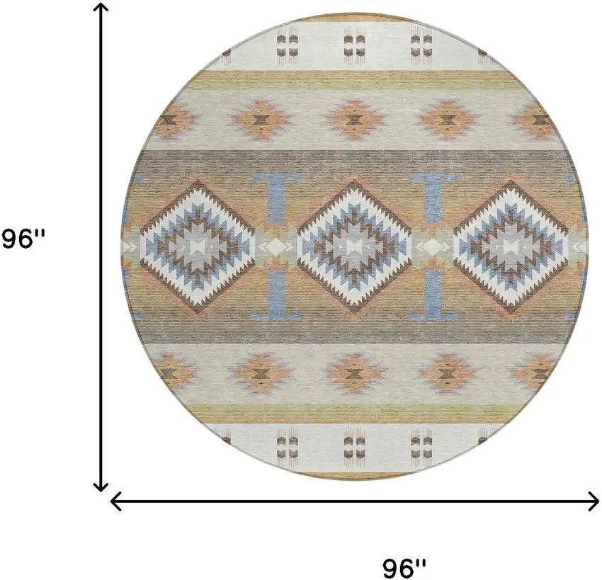 8' Ivory And Beige Round Southwestern Washable Indoor Outdoor Area Rug Photo 8