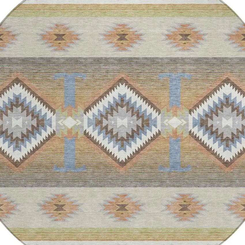 8' Ivory And Beige Round Southwestern Washable Indoor Outdoor Area Rug Photo 3