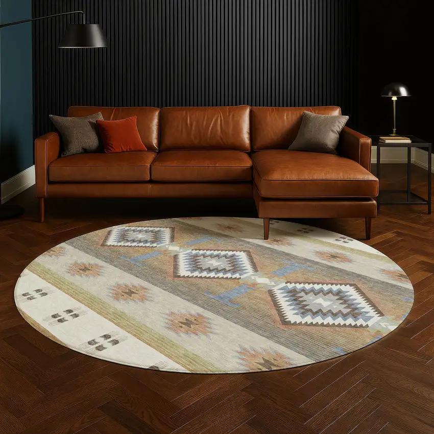 8' Ivory And Beige Round Southwestern Washable Indoor Outdoor Area Rug Photo 5