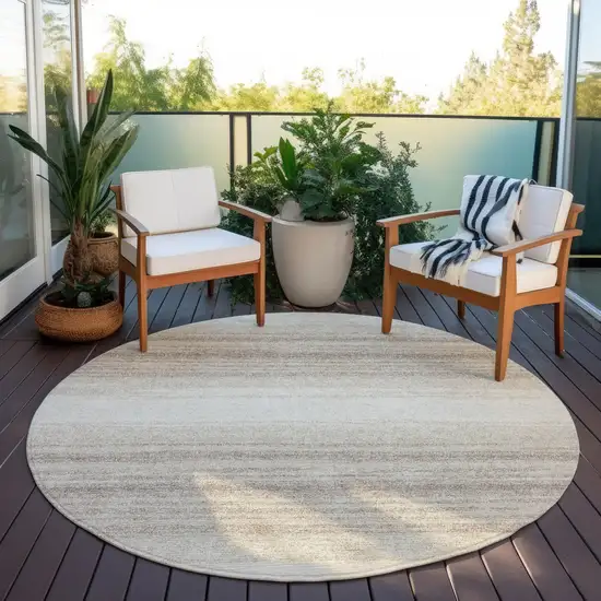 8' Ivory And Beige Round Striped Washable Indoor Outdoor Area Rug Photo 5