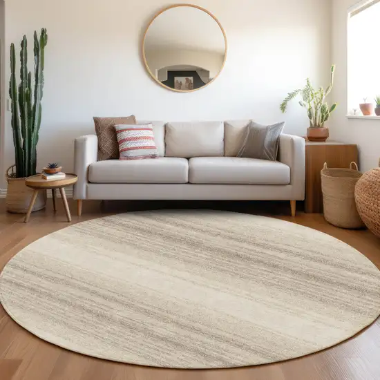 8' Ivory And Beige Round Striped Washable Indoor Outdoor Area Rug Photo 6