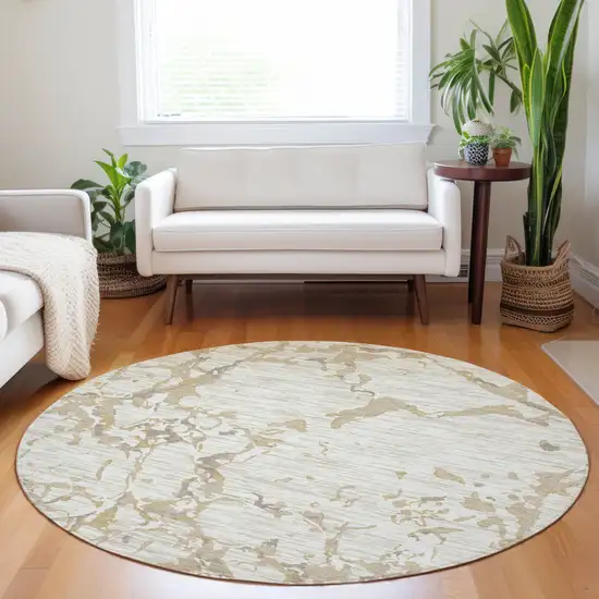 8' Ivory And Beige Round Striped Washable Indoor Outdoor Area Rug Photo 8