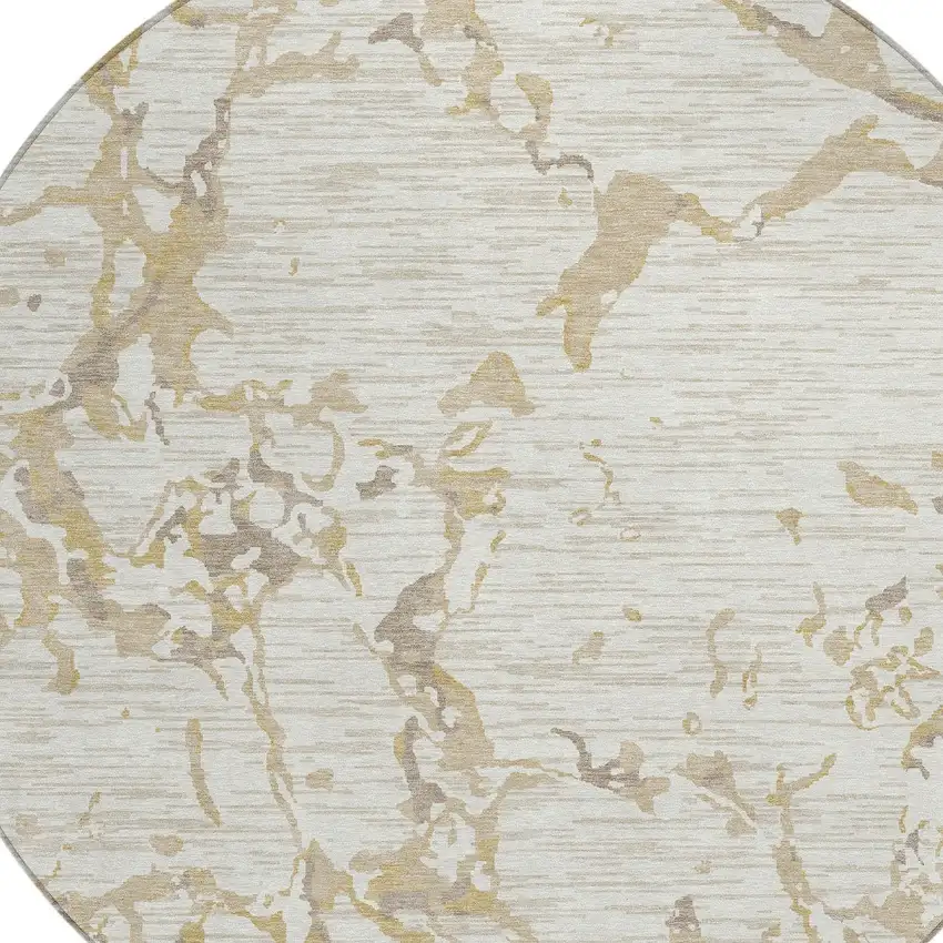 8' Ivory And Beige Round Striped Washable Indoor Outdoor Area Rug Photo 5