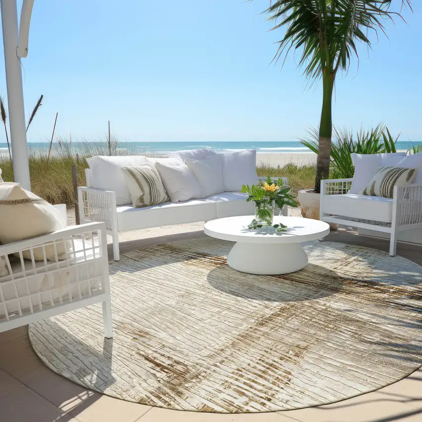 8' Ivory And Beige Round Striped Washable Indoor Outdoor Area Rug Photo 6