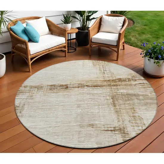 8' Ivory And Beige Round Striped Washable Indoor Outdoor Area Rug Photo 2