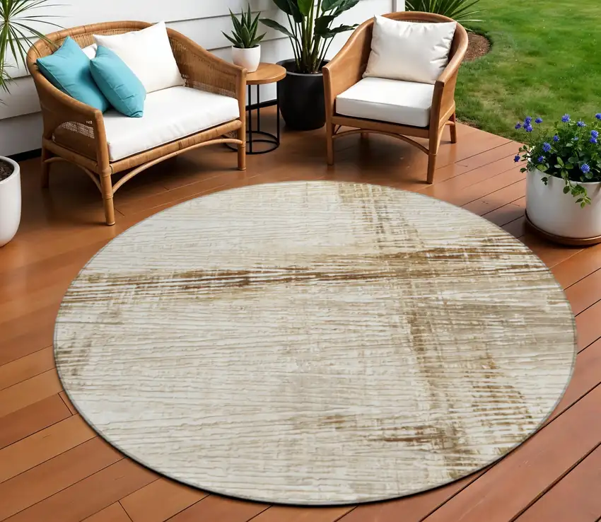 8' Ivory And Beige Round Striped Washable Indoor Outdoor Area Rug Photo 2