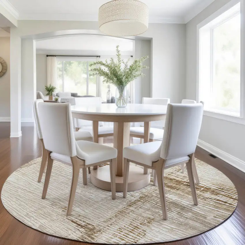 8' Ivory And Beige Round Striped Washable Indoor Outdoor Area Rug Photo 7