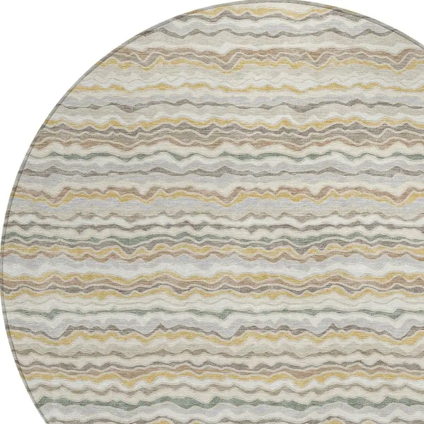 8' Ivory And Beige Round Striped Washable Indoor Outdoor Area Rug Photo 2