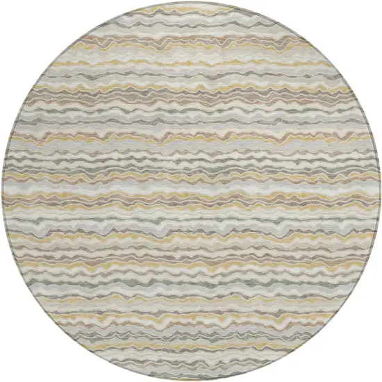 8' Ivory And Beige Round Striped Washable Indoor Outdoor Area Rug Photo 1
