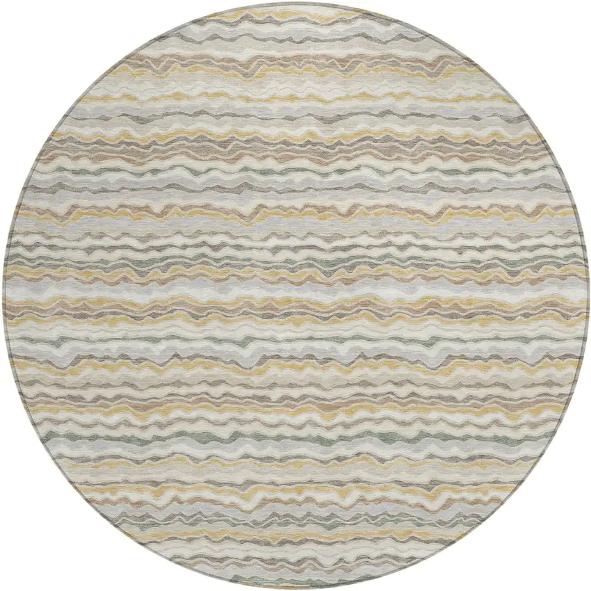 8' Ivory And Beige Round Striped Washable Indoor Outdoor Area Rug Photo 1