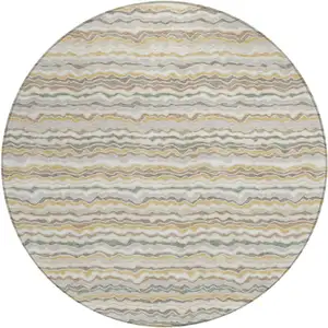 Photo of 8' Ivory And Beige Round Striped Washable Indoor Outdoor Area Rug