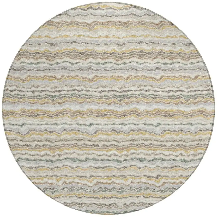8' Ivory And Beige Round Striped Washable Indoor Outdoor Area Rug Photo 3