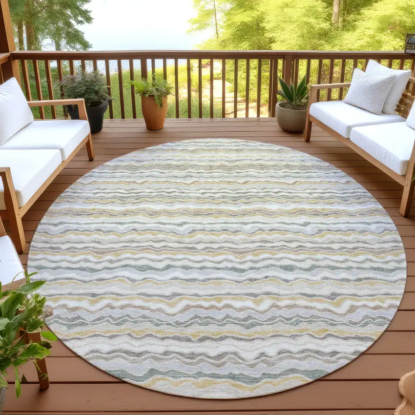 8' Ivory And Beige Round Striped Washable Indoor Outdoor Area Rug Photo 4