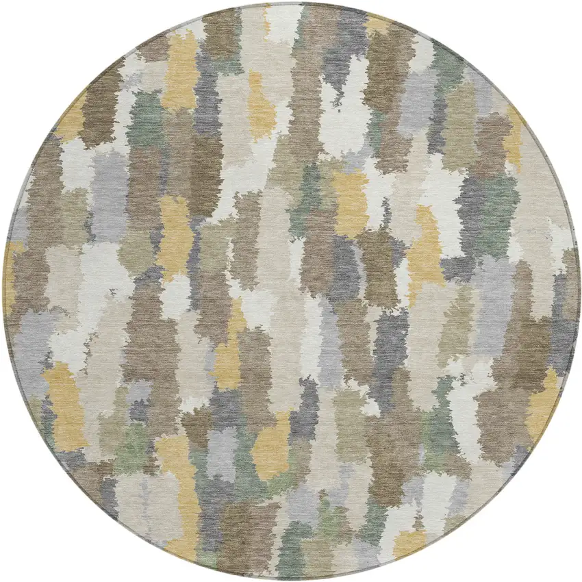 8' Ivory And Beige Round Striped Washable Indoor Outdoor Area Rug Photo 1