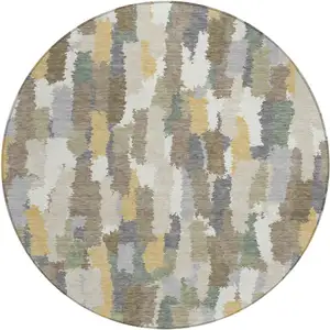 Photo of 8' Ivory And Beige Round Striped Washable Indoor Outdoor Area Rug