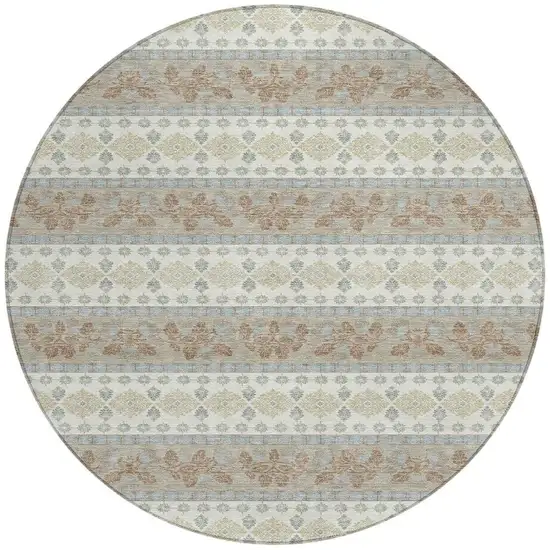8' Ivory And Beige Round Striped Washable Indoor Outdoor Area Rug Photo 3