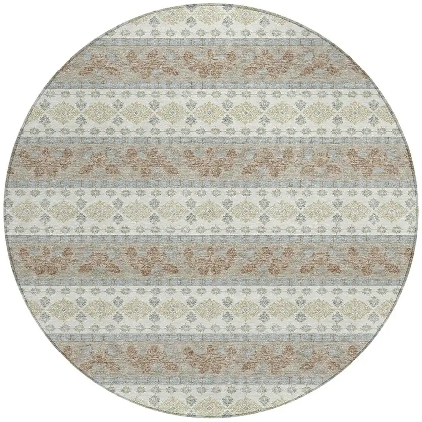 8' Ivory And Beige Round Striped Washable Indoor Outdoor Area Rug Photo 3