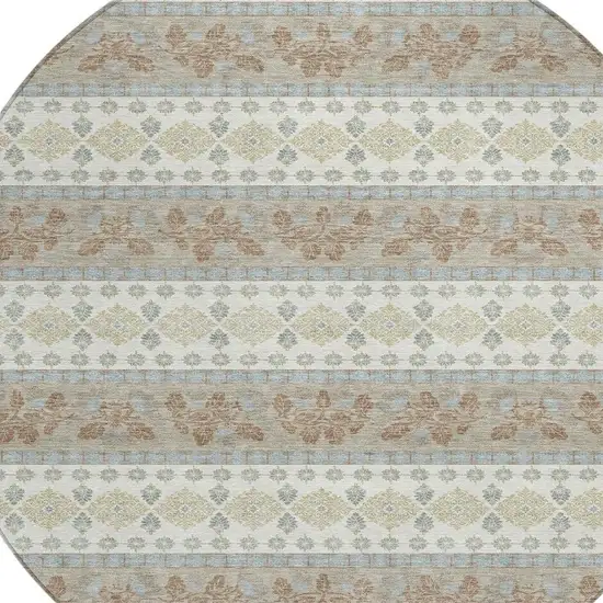 8' Ivory And Beige Round Striped Washable Indoor Outdoor Area Rug Photo 2