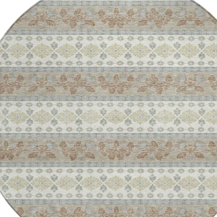 8' Ivory And Beige Round Striped Washable Indoor Outdoor Area Rug Photo 2