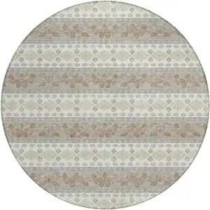 Photo of 8' Ivory And Beige Round Striped Washable Indoor Outdoor Area Rug