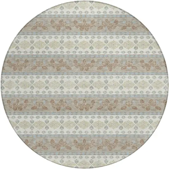 8' Ivory And Beige Round Striped Washable Indoor Outdoor Area Rug Photo 1
