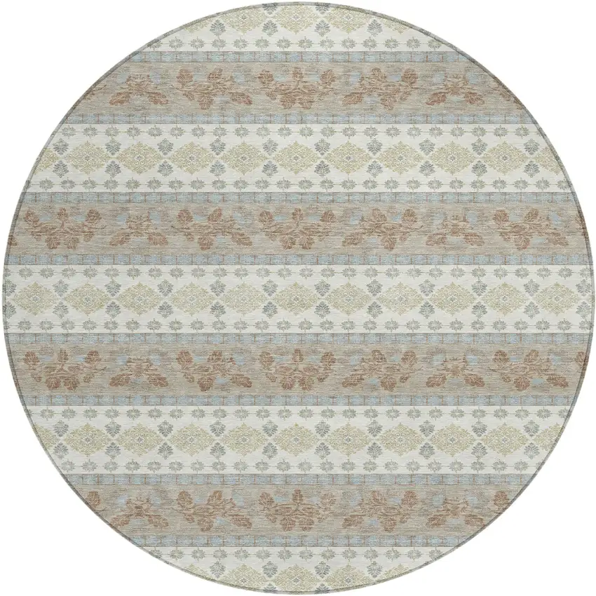 8' Ivory And Beige Round Striped Washable Indoor Outdoor Area Rug Photo 1