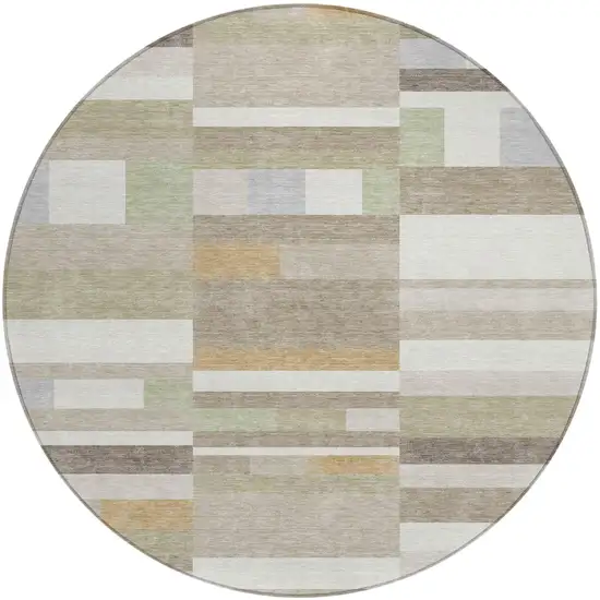 8' Ivory And Beige Round Striped Washable Indoor Outdoor Area Rug Photo 2