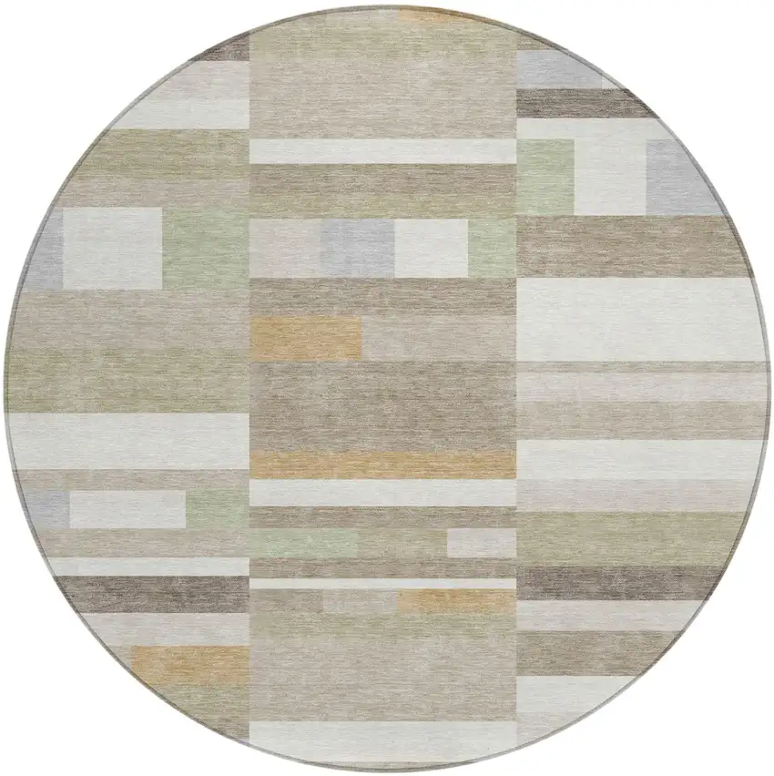 8' Ivory And Beige Round Striped Washable Indoor Outdoor Area Rug Photo 2