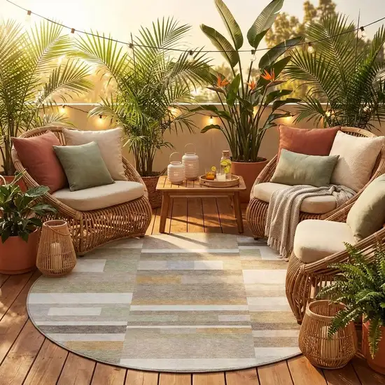 8' Ivory And Beige Round Striped Washable Indoor Outdoor Area Rug Photo 1