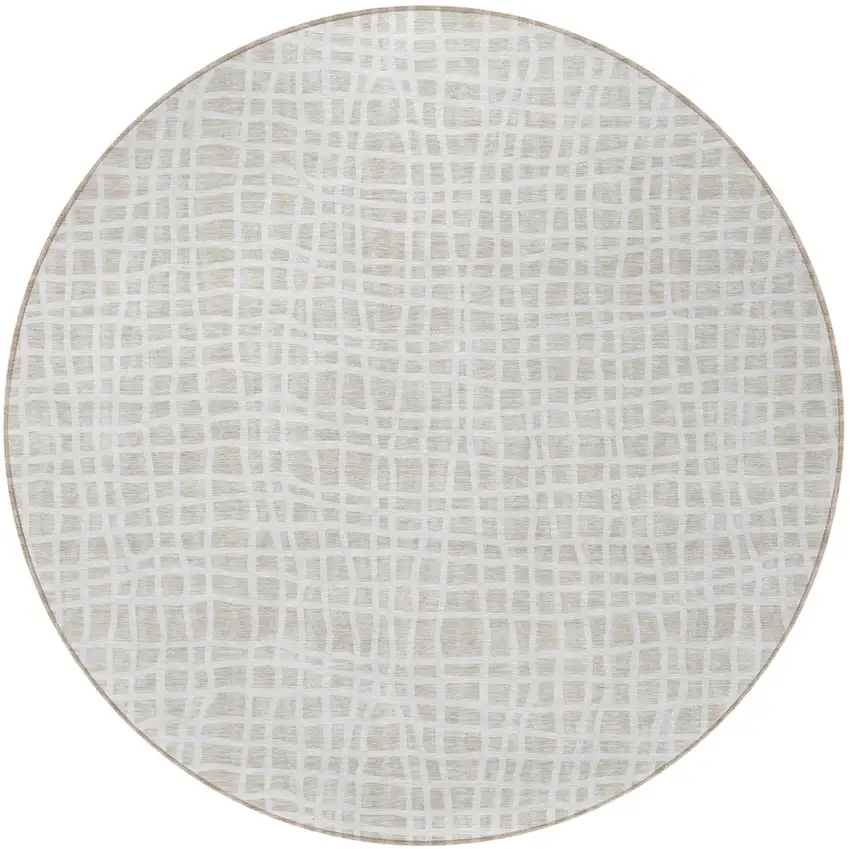 8' Ivory And Beige Round Striped Washable Indoor Outdoor Area Rug Photo 4