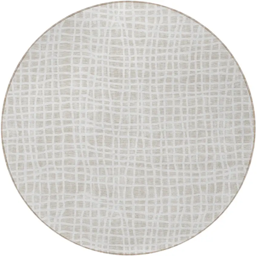 8' Ivory And Beige Round Striped Washable Indoor Outdoor Area Rug Photo 4