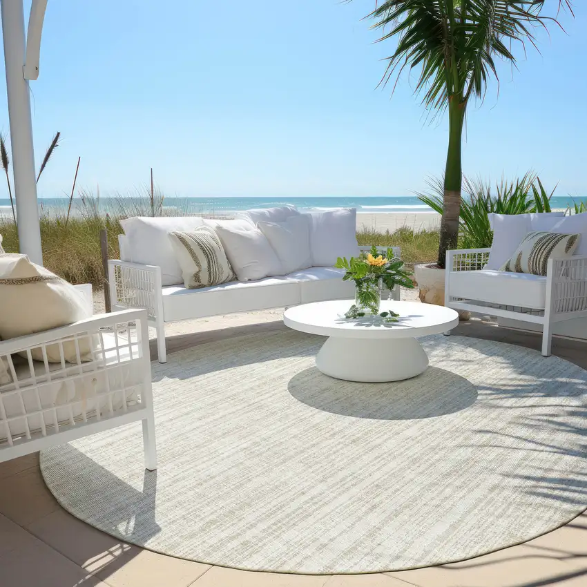 8' Ivory And Beige Round Striped Washable Indoor Outdoor Area Rug Photo 6