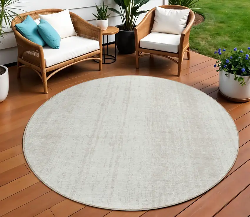 8' Ivory And Beige Round Striped Washable Indoor Outdoor Area Rug Photo 1