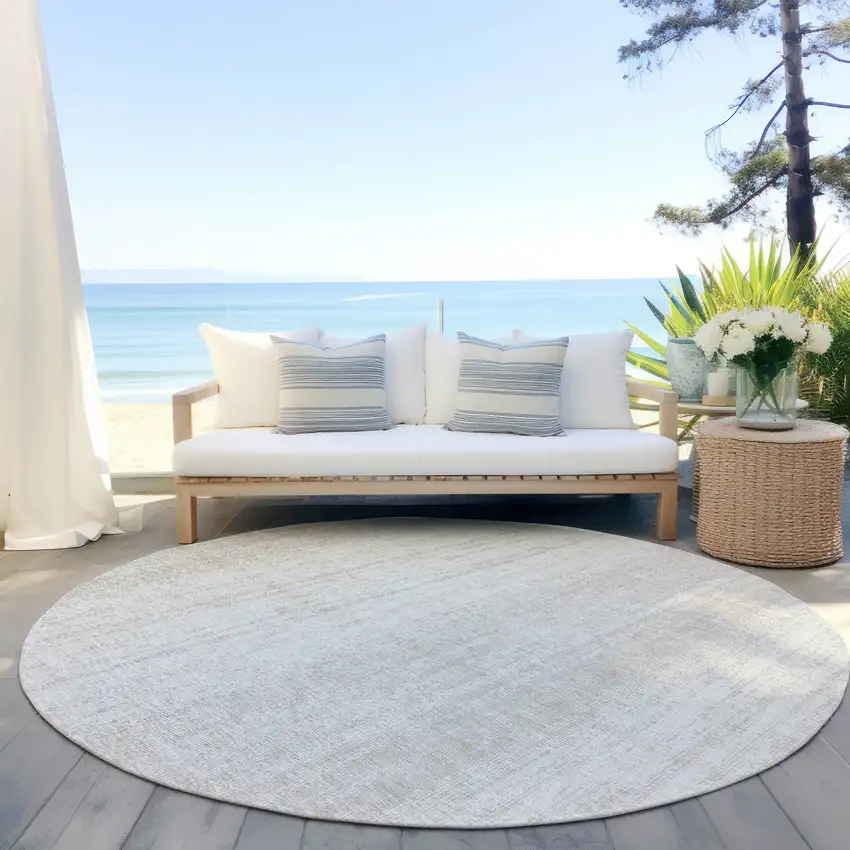8' Ivory And Beige Round Striped Washable Indoor Outdoor Area Rug Photo 8