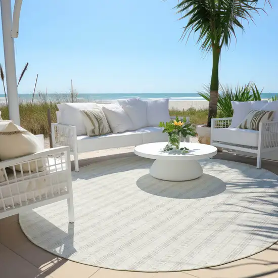 8' Ivory And Beige Round Striped Washable Indoor Outdoor Area Rug Photo 5
