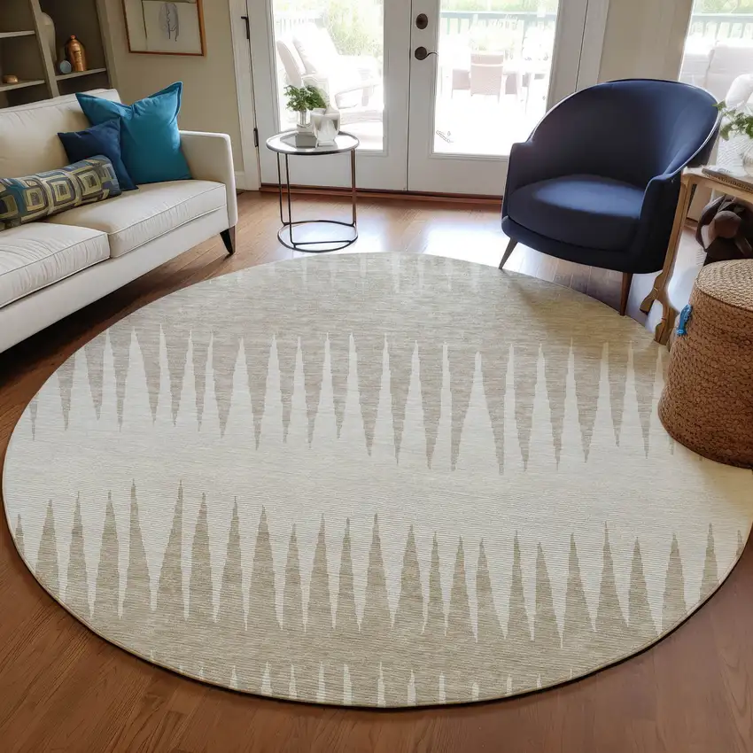 8' Ivory And Beige Round Striped Washable Indoor Outdoor Area Rug Photo 7