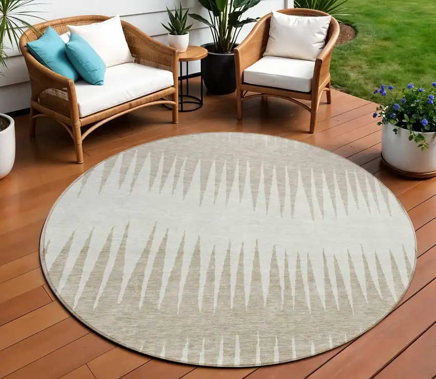 8' Ivory And Beige Round Striped Washable Indoor Outdoor Area Rug Photo 1