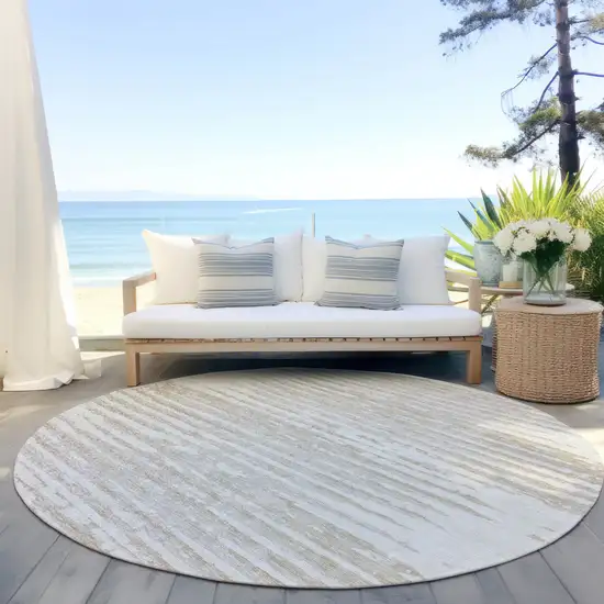 8' Ivory And Beige Round Striped Washable Indoor Outdoor Area Rug Photo 6