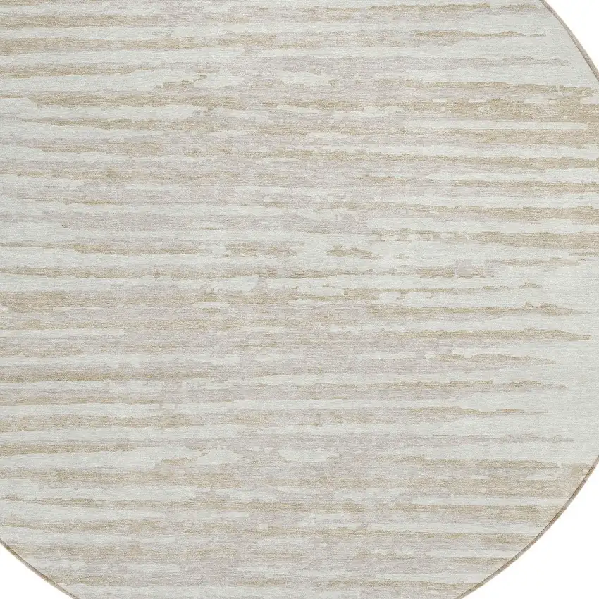 8' Ivory And Beige Round Striped Washable Indoor Outdoor Area Rug Photo 4