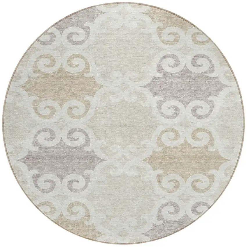 8' Ivory And Beige Round Trellis Washable Indoor Outdoor Area Rug Photo 4