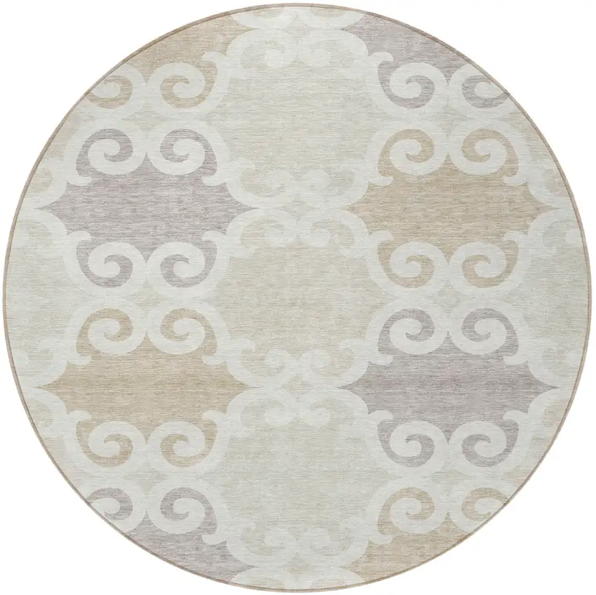 8' Ivory And Beige Round Trellis Washable Indoor Outdoor Area Rug Photo 5