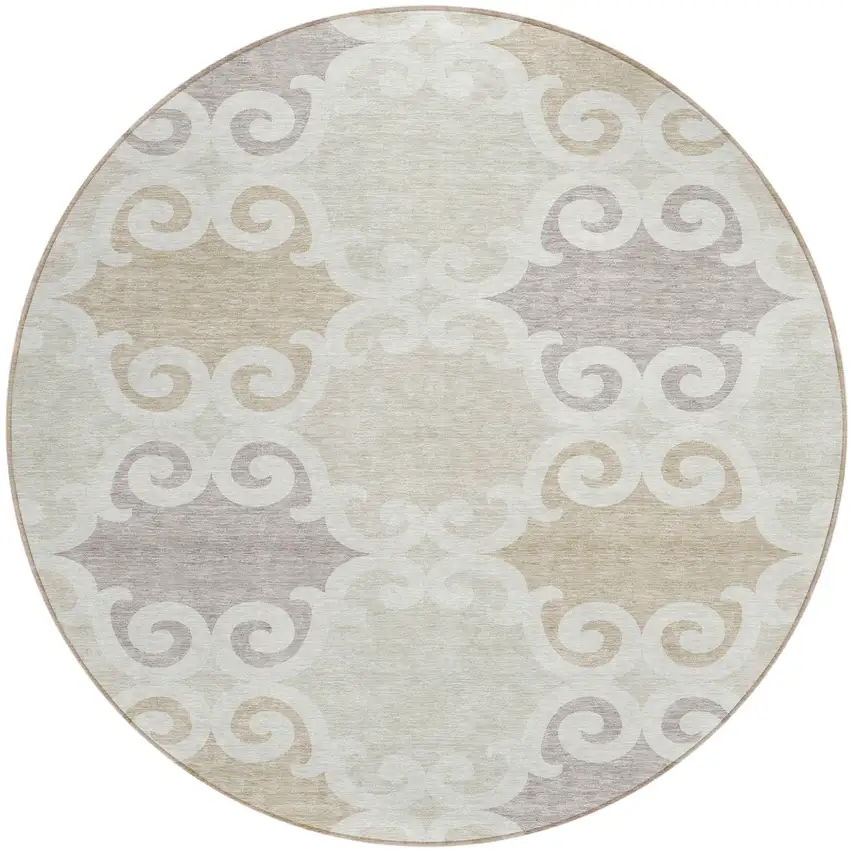 8' Ivory And Beige Round Trellis Washable Indoor Outdoor Area Rug Photo 2