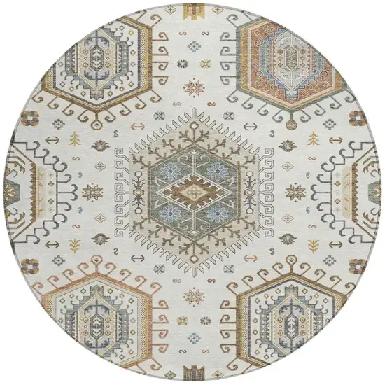 8' Ivory And Beige Round Tribal Washable Indoor Outdoor Area Rug Photo 2