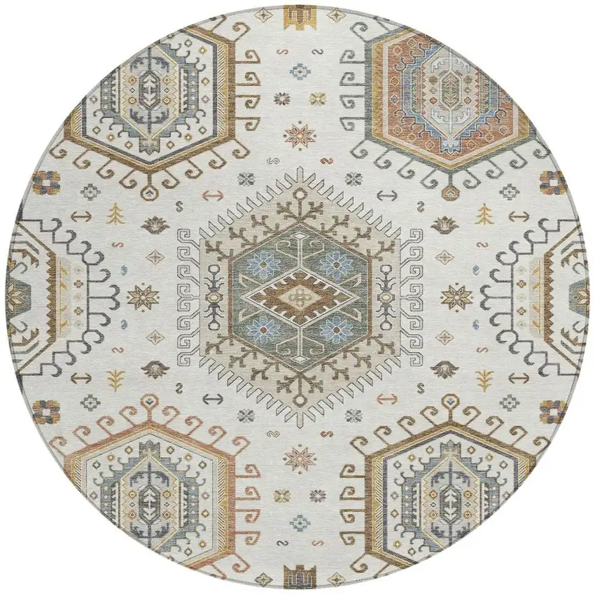 8' Ivory And Beige Round Tribal Washable Indoor Outdoor Area Rug Photo 2